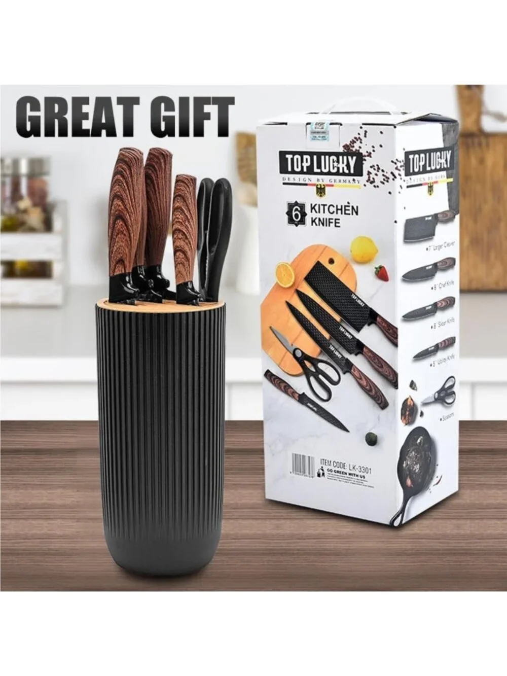 6-Piece Black Kitchen Knife Set - Sharp, Non-Stick Stainless Steel with Block